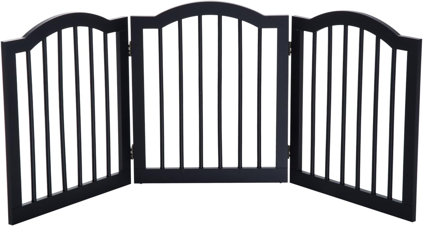 PawHut Wooden Foldable Dog Gate Stepover Panel Pet Fence - Black