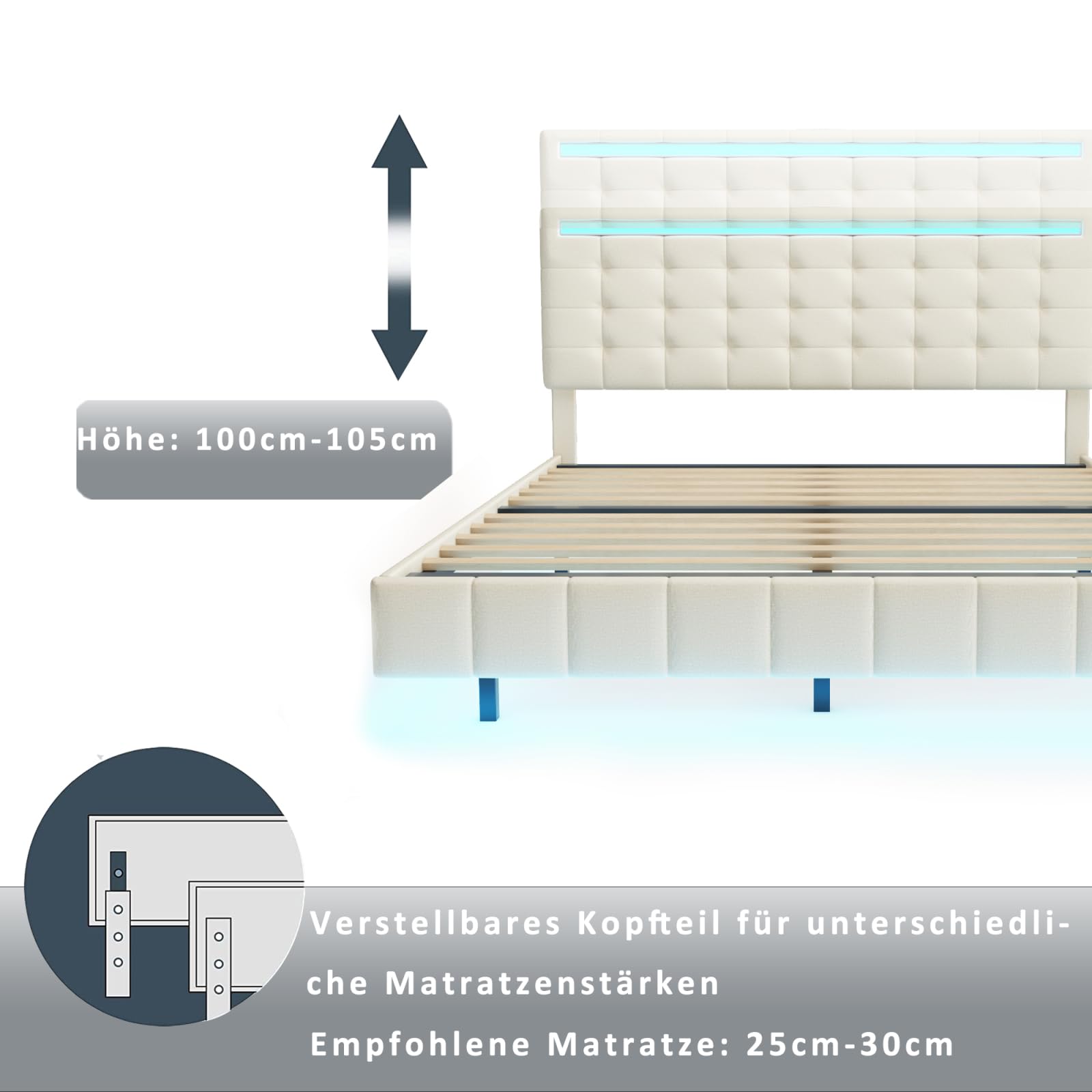 PerGar Cama tapizada 160x200 cm, Marco de Cama somier Flotante Acolchado con Luces diseño de cabecero, hidráulico con Espacio de almacenaje, Multifunción con Toma USB y luz LED, Lino (Beige, 160x200)