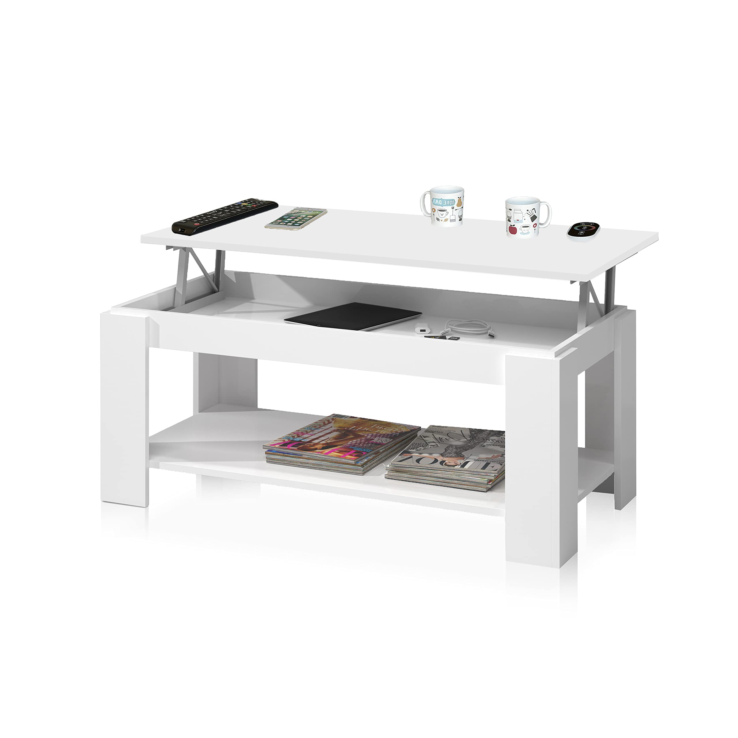 Mesa Centro con revistero, Mesa elevable, mesita Mueble Salon Comedor, Acabado en Blanco Artik, Medidas: 102 cm (Largo) x 43/54 cm (Alto) x 50 cm (Fondo)