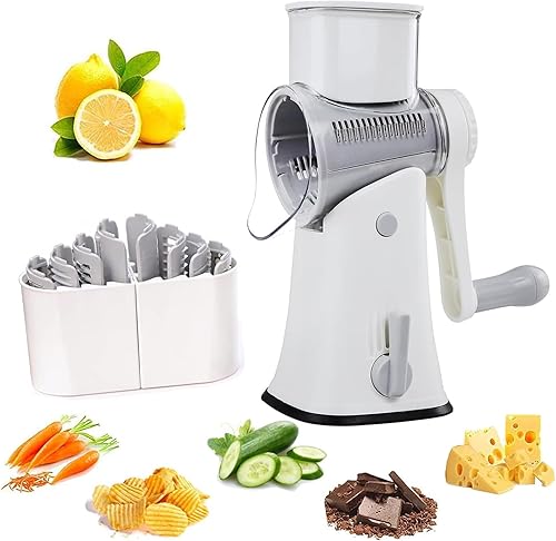 Miniatura 7 de Rallador De Queso Giratorio Manual, Cortador De Verduras Giratorio Con 5 Cuchillas, Base Antideslizante Con Ventosa Y Estructura Desmontable Para Un