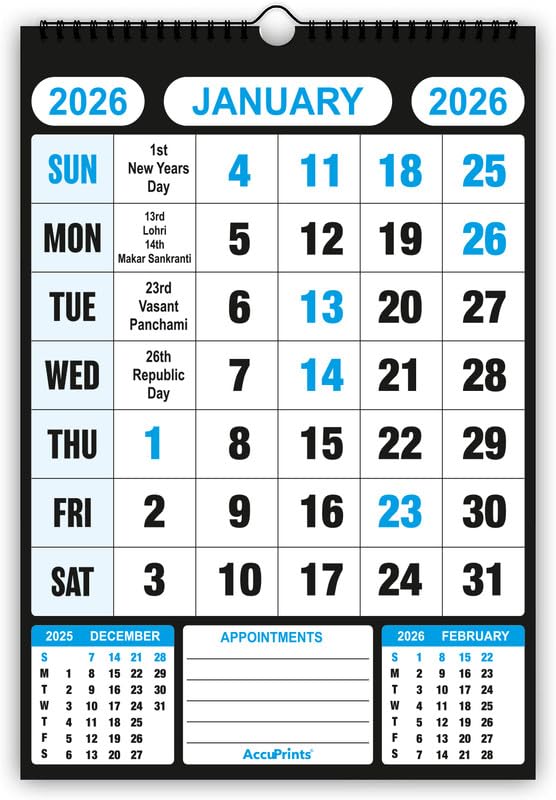 AccuPrints® Wall Calendar 2026 Planner-A5 Size (14 x 20) inch For Office Home Table New Year Hanging Kids (35.5 x 50) cm- (14 x 20 Blue)