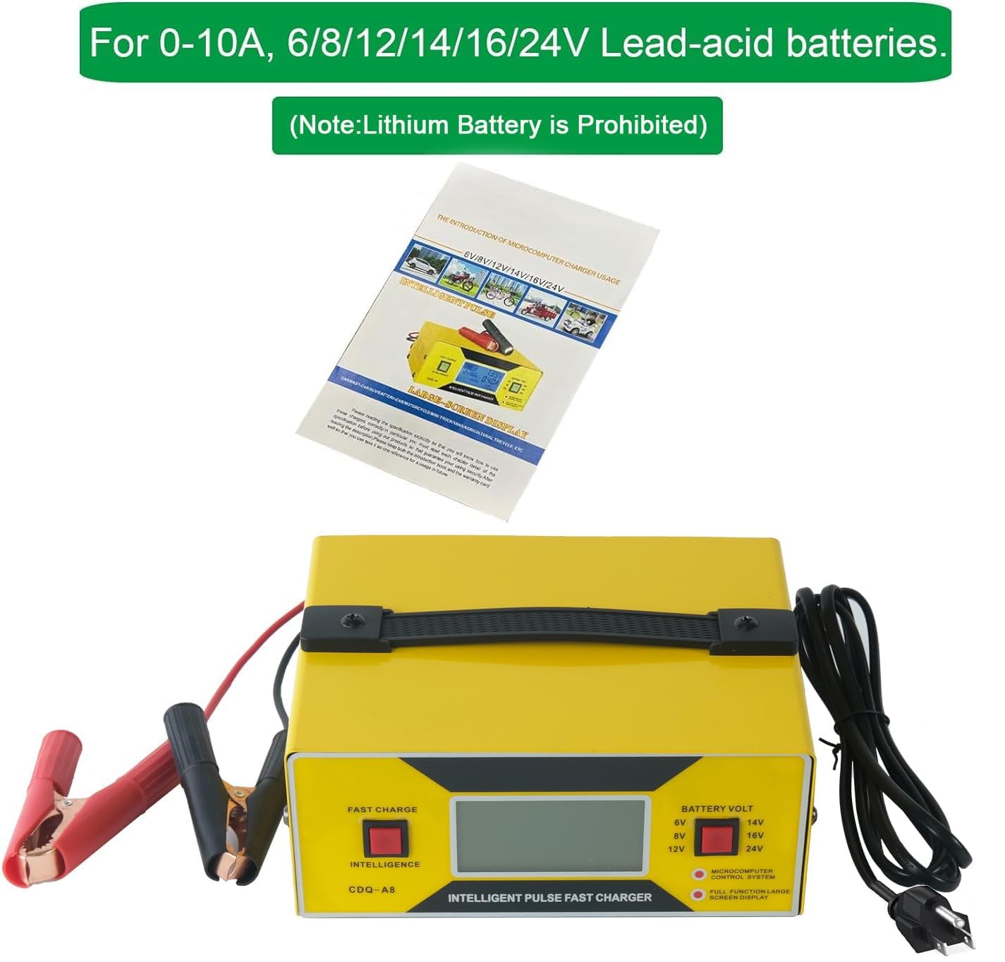 Chargeur de batterie 6/8/12/14/16/24 V, entièrement automatique avec pinces de câble