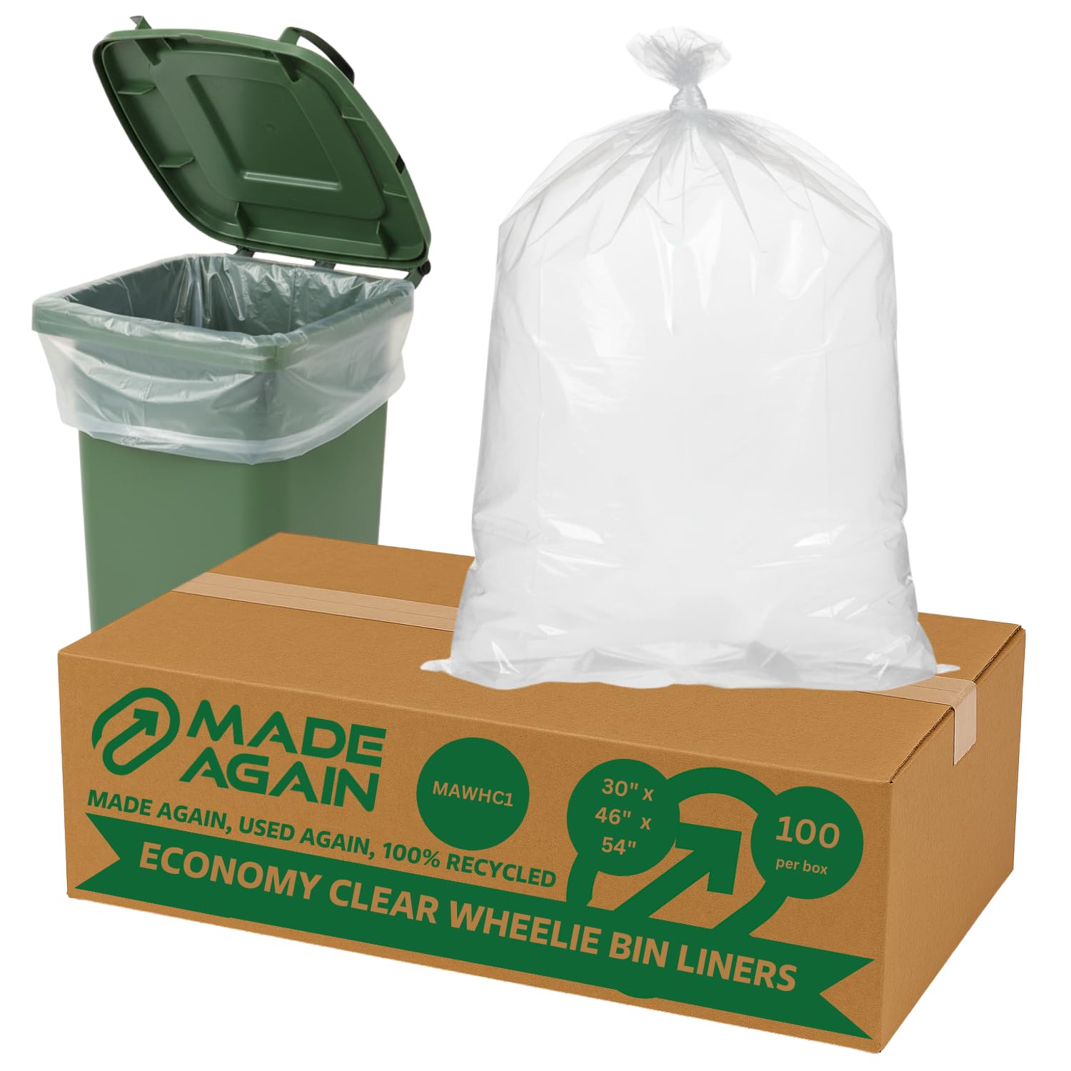 Made Again 100 Economy Clear Wheelie Bin Liners, MAWHC1, 240L, 30" x 46" x 54", For Outside and Garden Bin, Strong Garbage Bags, Rubbish Waste