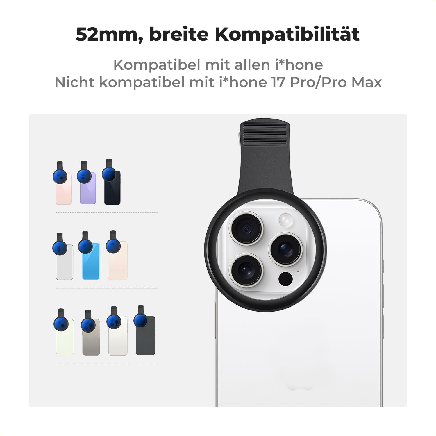 K&F Concept Universell Handykamera Objektivset, Filter für Handykamera, 52mm Varibaler ND2-ND400, nur für iPhone