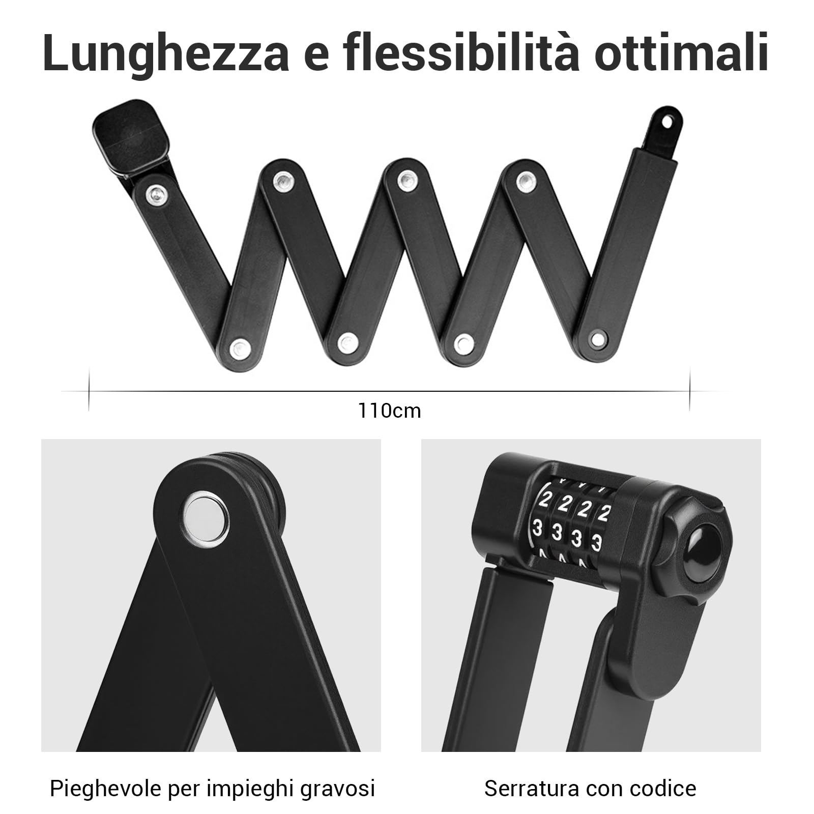 110CM Lucchetto Pieghevole Bici Lucchetto Per Bcicletta Con Supporto e Codice Numero per Serrature per Biciclette Elettriche e Serrature per Mountain Bike Lucchetto Bicicletta Antifurto