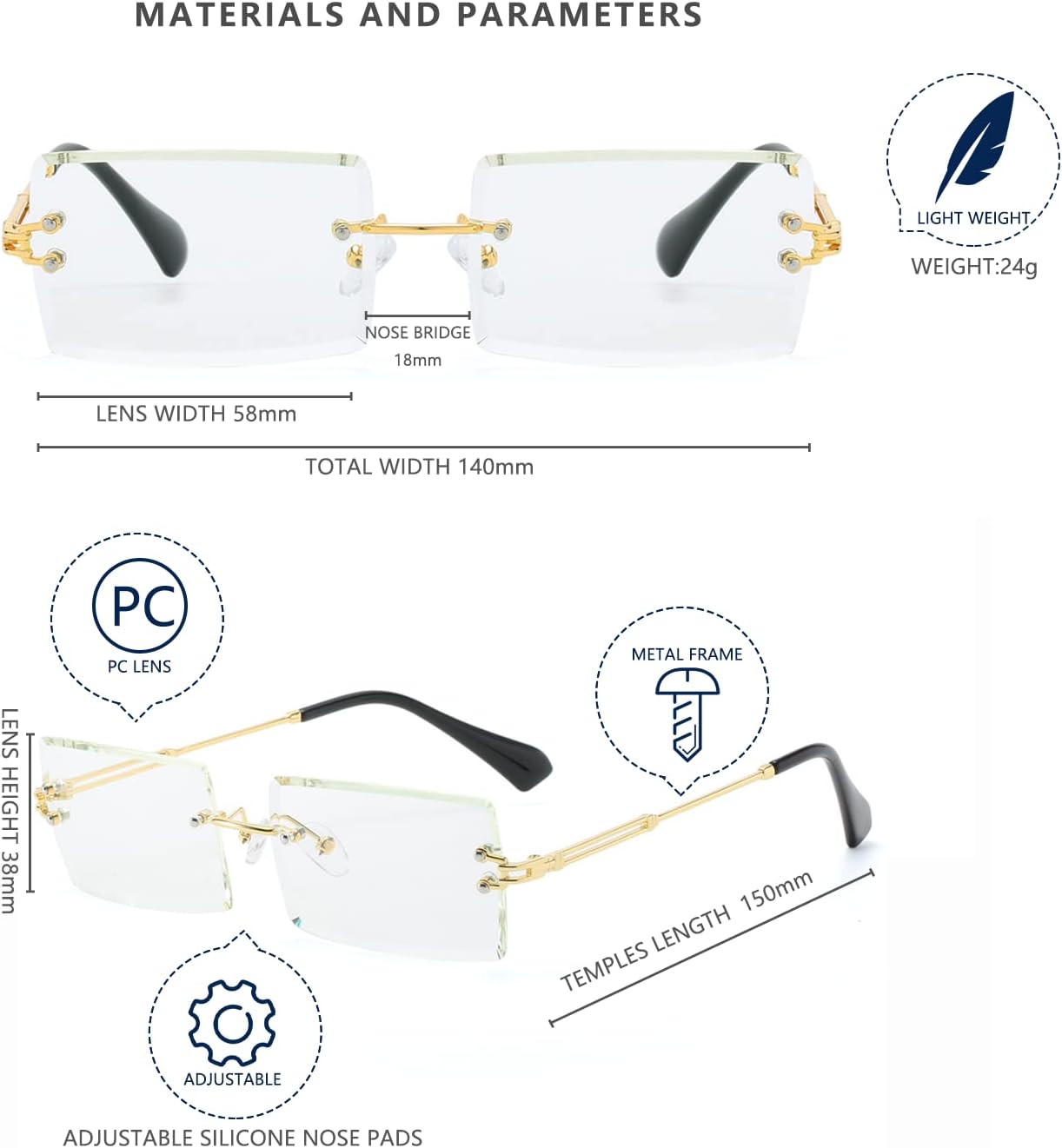 LASPOR Retro Rimless Rectangle Sunglasses for Women Men Tinted Lens Gold Metal Frameless Vintage Square Glasses - Image 5