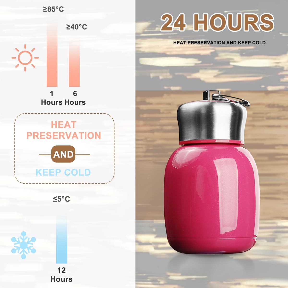 Mini 7 oz Stainless Steel Water Bottle, Small Vacuum Insulated Water Bottle Leak Proof Sport Tumbler Cup Hot and Cold Water Bottle for Women Girls Kids Gift Milk Tea Lunch (Rose) - Image 2