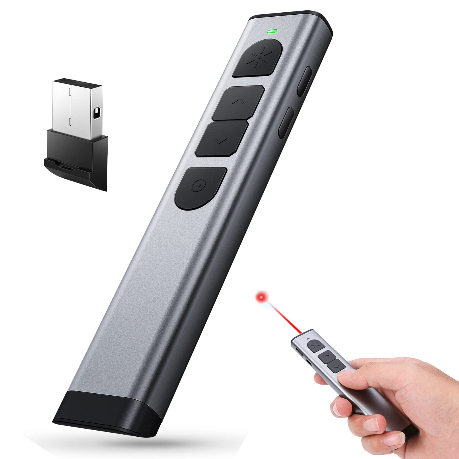 Aceshop Wireless USB Presentation Clicker, Aluminum Body Red Light Pointer, 2.4GHz Rechargeable Presenter Remote PPT Clicker for Keynote/Powerpoint/PDF/Prezi, Support Hyperlink Volume Switch Windows