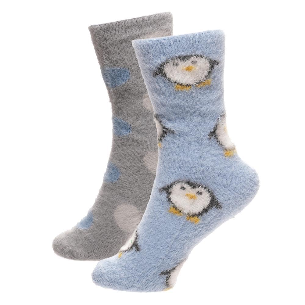 A2Z Ladies 2 Pack Novelty Chenille Cosy Socks Soft Brushed Warm Winter - Socks LDS 1437 Penguin 2 Pack 4-8