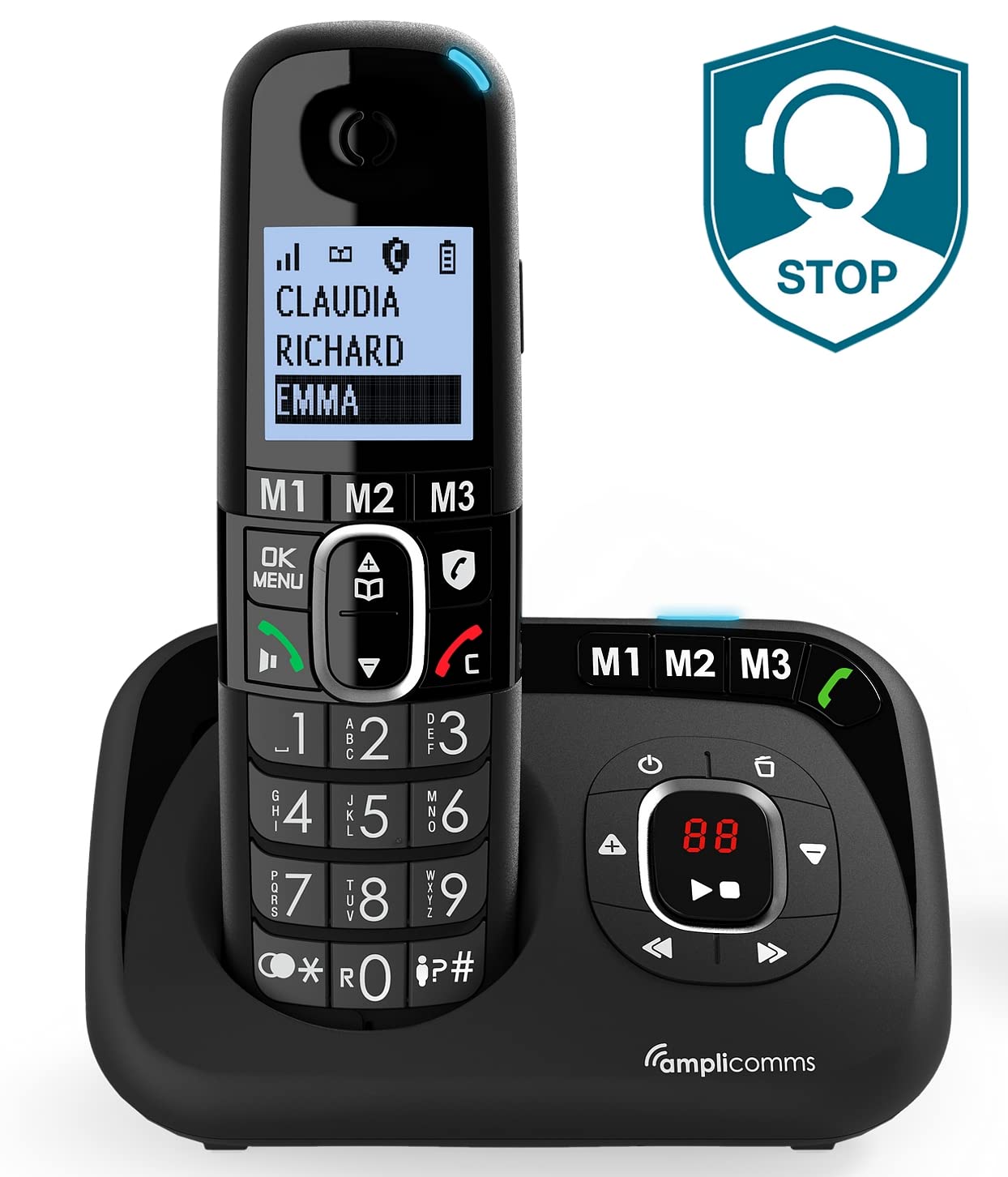 Telefono Cordless per Anziani Amplificato Suoneria 90db Volume 35dB + Segreteria Telefonica + Call Blocker per blocco chiamate indesiderate con Tasto aggiungi Black List + Vivavoce e Tasti Grandi