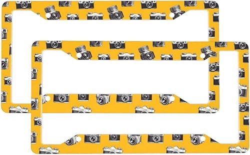 2 Pcs Car License Plate Frames for Women Men - Vintage Camera Yellow Print Solid Aluminum License Plate Cover for Car Accessories with Fasteners and