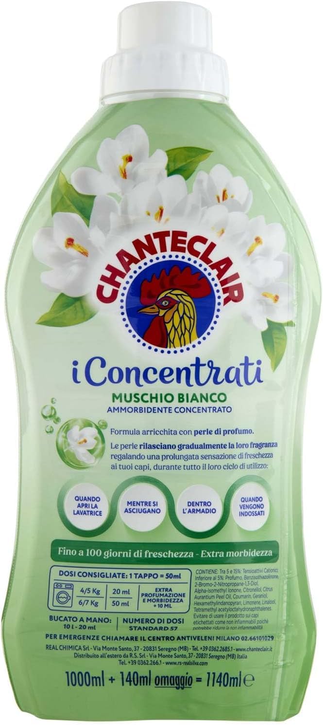 8x Chanteclair I Konzentrat Weichspüler, Weißer Moschus – 57 Waschgänge, 1140ml + Beni Culinari Kostenloser Schlüsselanhänger