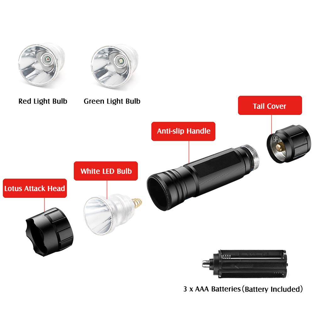 Buy Tactical LED Flashlight Green Red White Light Hunting Flashlight