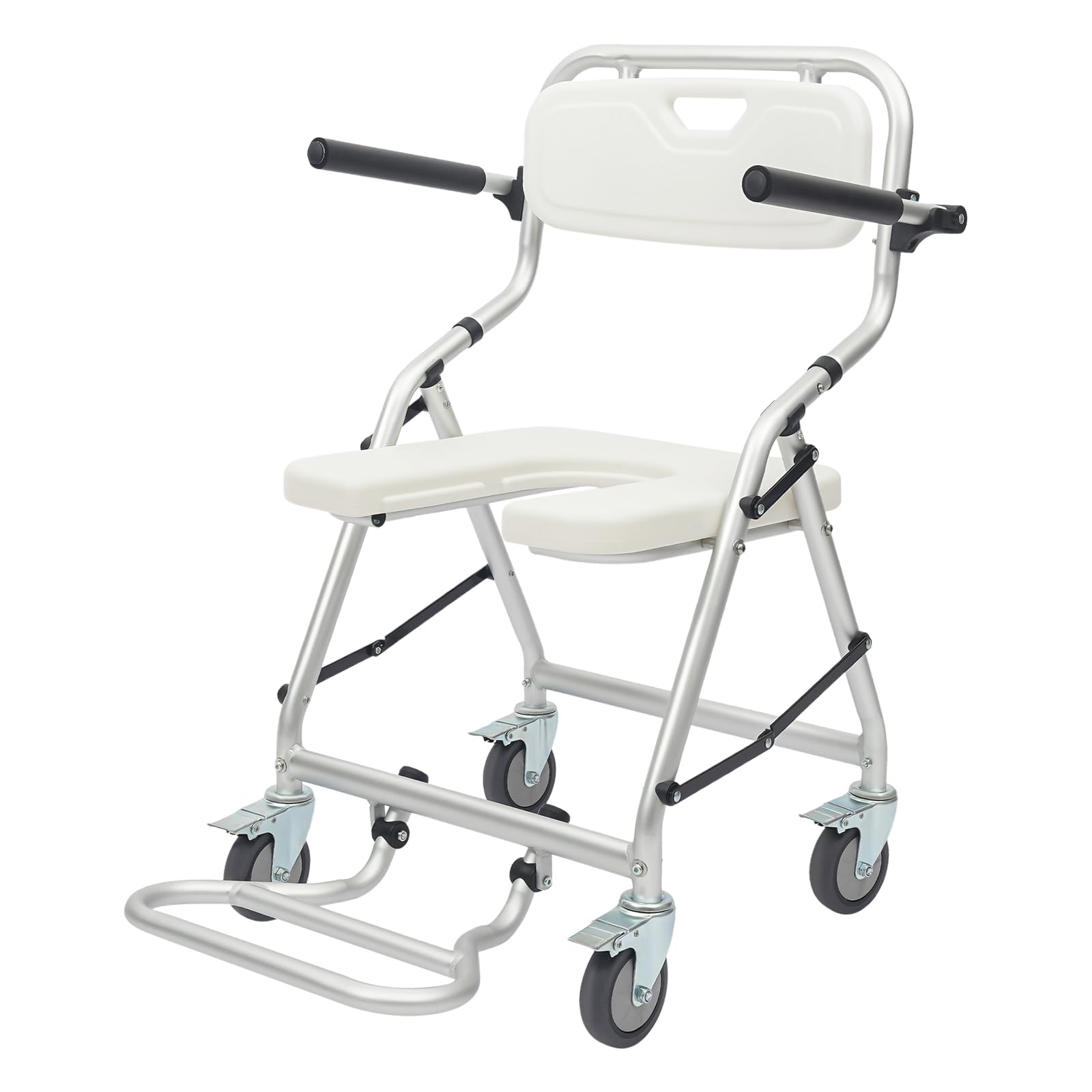Taburete de ducha plegable con respaldo con 4 ruedas universales, soporta 150 kg, diseño plegable para baño, dormitorio, hospital, residencia, centros de rehabilitación, etc