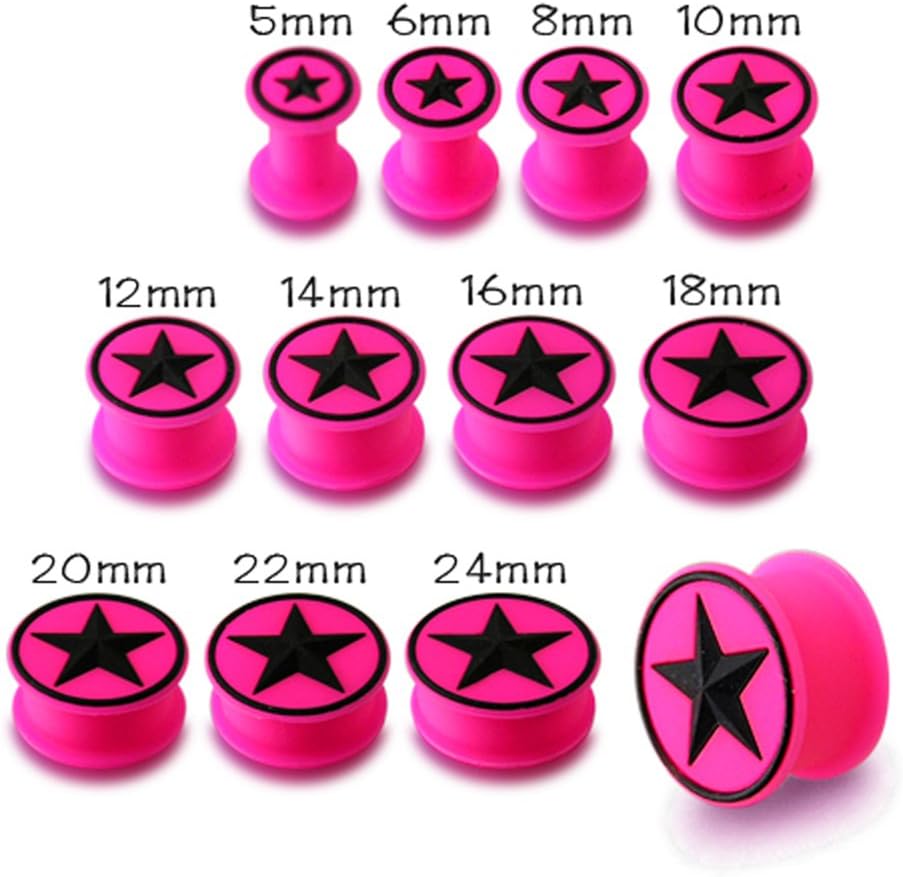 1 Piece of 00 Gauge - 10mm Embossed Black Star on Pink Silicone Double Flared Tunnel Gauge Ear Plug