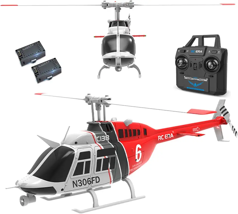 Helicóptero Bell 206 controle remoto avião drone RC helicóptero de asa fixa 6CH giroscópio de 6 eixos altitude pairando com localização de fluxo óptico 2 baterias para adultos iniciantes (vermelho)