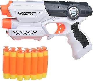 مسدس إطلاق نار بلاستيك من اكسسوريز شوب بتصميم رائع مع قاذف رصاص ناعم ومنفذ تخزين للرصاص يضيف المزيد من المرح للاطفال، مجموعة من 16 قطعة - متعدد الألوان