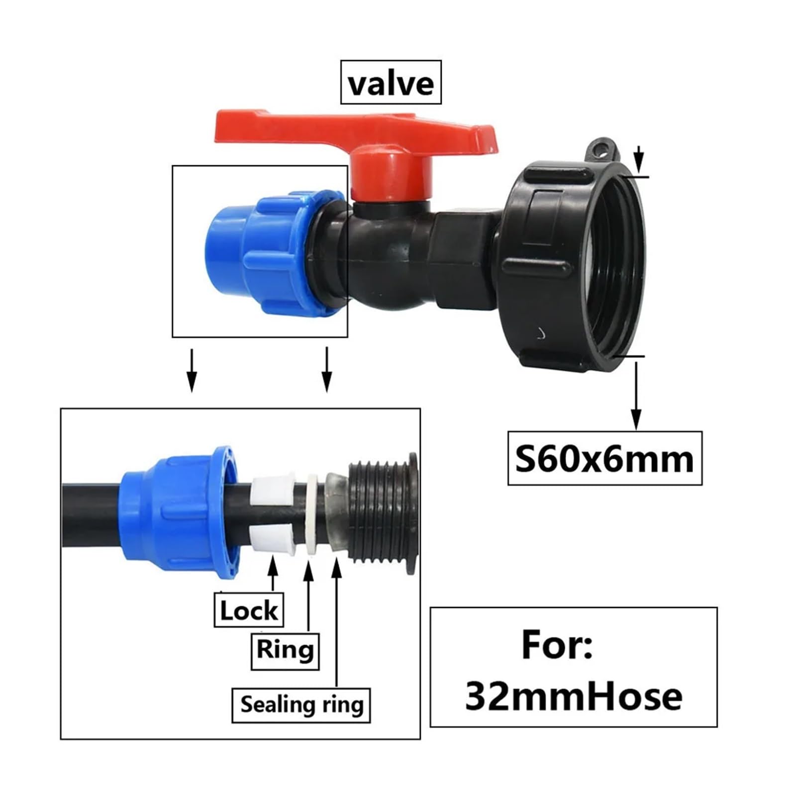 łącznik gwintowany, 1 szt. Adapter zbiornika IBC S60 x 25 mm 32 Złącze rury PE Złączki do kranów wodnych DN20 Plastikowe złączki rur nawadniania gospodarstwa(25mm X Tap)