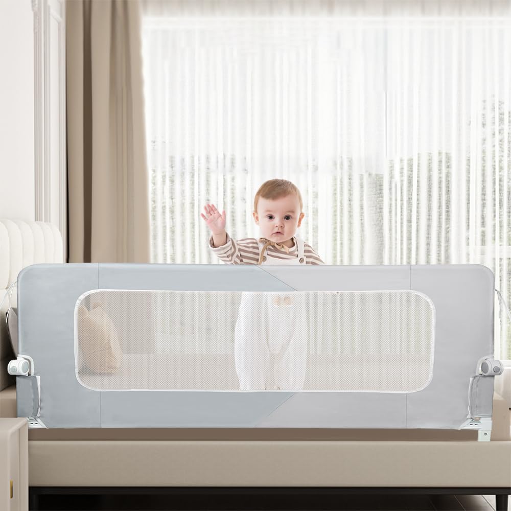 Barrera de cama infantil anticaída con alturas ajustables, barrera de seguridad infantil con marco de metal resistente, diseño totalmente plegable, 150 x 66-80 cm (doble gris)