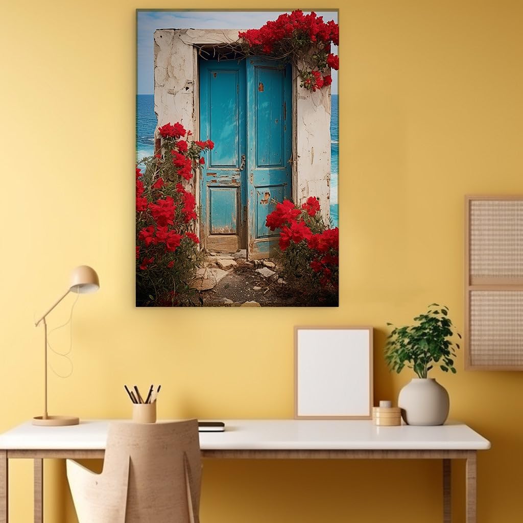 Canvas for Living room. The Doorway to Yesteryear: A Serene Seaside Escape Amidst a Bloom of Red, 27 x 18 inch Canvas Wall Art - Ready to Hang