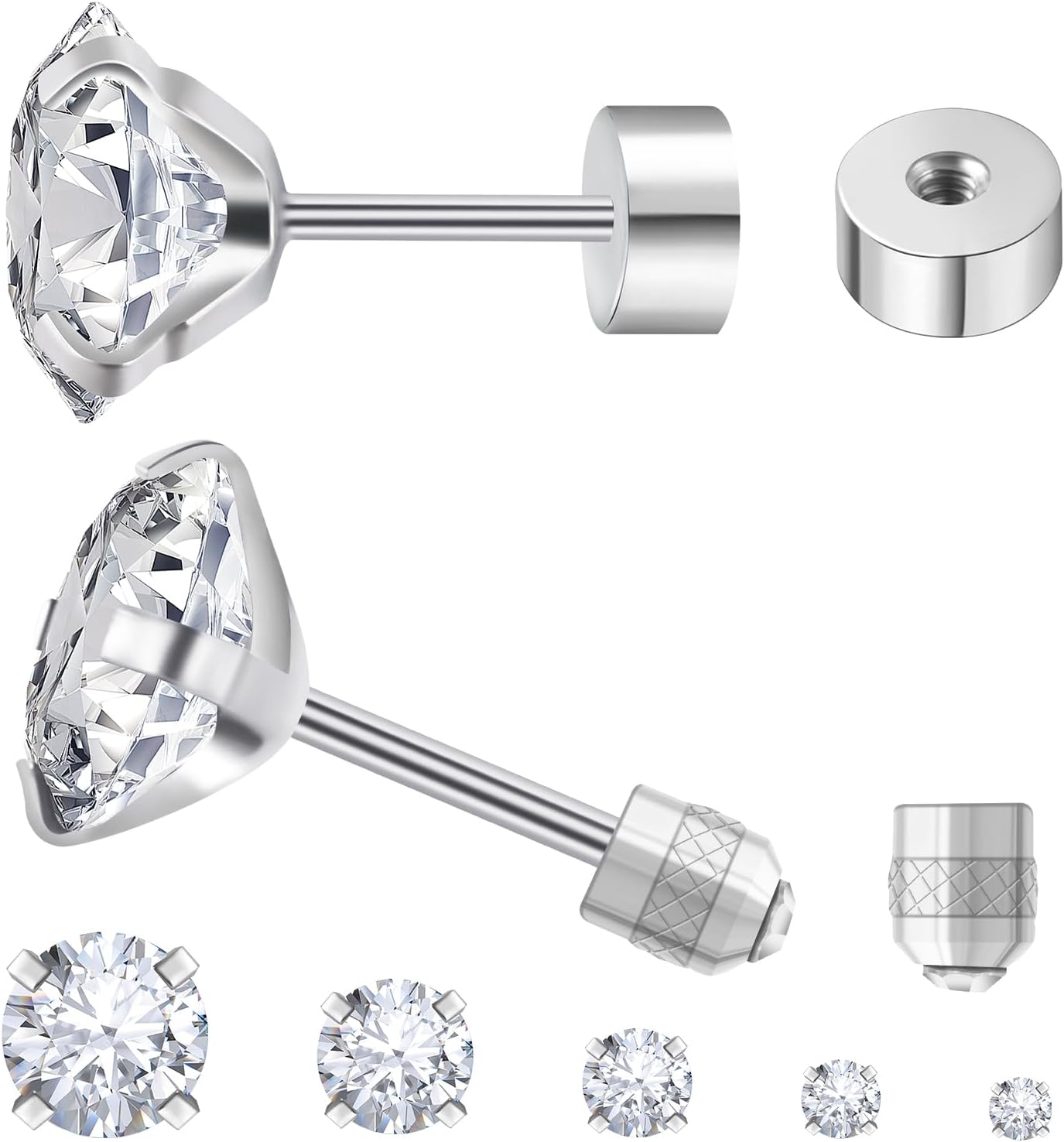 5 Pairs Flat Back Stud Earrings for Women, Trendy Cartilage Earring, Hypoallergenic Titanium Earrings Set, Cubic Zirconia Flatback Ear Rings Non Tarnish