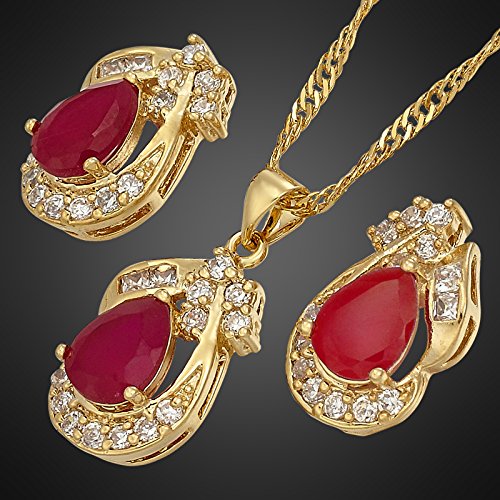 Rizilia Pear Cut Red Ruby Yellow Gold Plated Jewelry Set, Pendant With 18" Chain Stud Earrings #TOP3