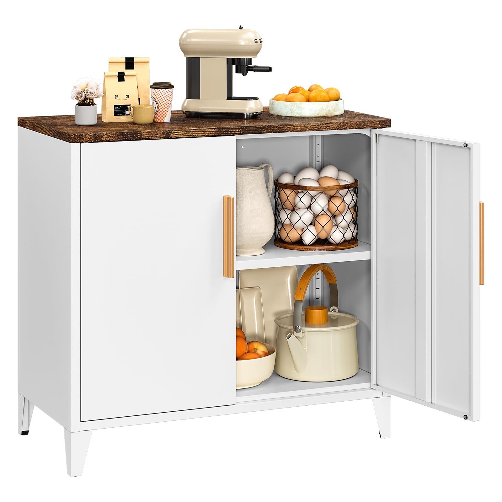 Sightlife Metal Storage Cabinet Metal Cabinets with 2 Doors Storage Cupboard with Adjustable Shelf White Coffee Bar Table Accent Cabinet for Home Office Entryway Patio 76X80X40cm
