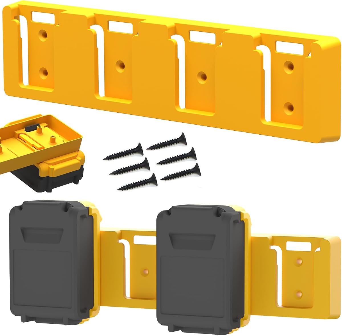 Estante de batería compatible con DeWalt 20V, 4 ranuras, Amarillo-1 pieza | Soporte de batería, herramienta de garaje de batería a granel de montaje, soporte de gancho de exhibición de pared