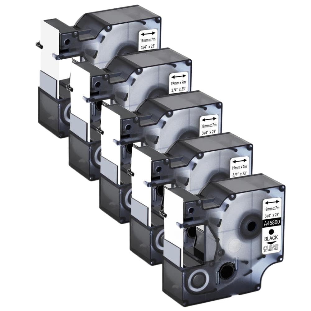 Ruban d'étiquettes laminé noir sur transparent, 19mm, 5 paquets, Compatible avec D1 A45800 pour imprimantes LabelManager 450, 400 Duo