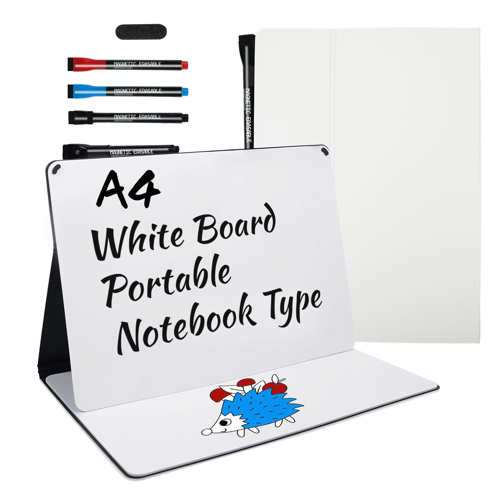 Portable White Board Small Dry Erase Board, 9" x 12" Double Sided Folding Whiteboards with 3 Pens, A4 Reusable Notebook with Storage Mesh Bag for