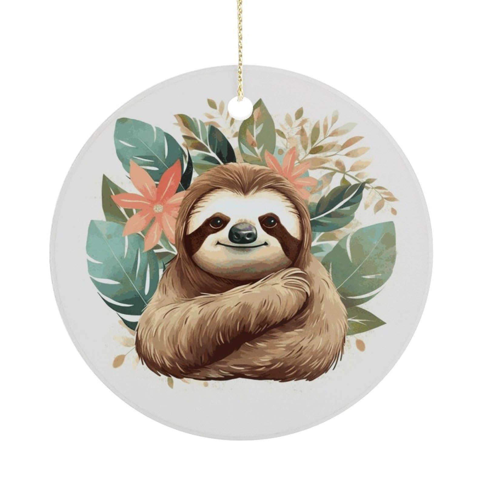 Cute Sloth Leaves Christmas Ornaments Colorful Round Ceramic Ornament Christmas Hanging Decor Christmas Tree Decorations Xmas Keepsake for Women Men Xmas Holiday Party