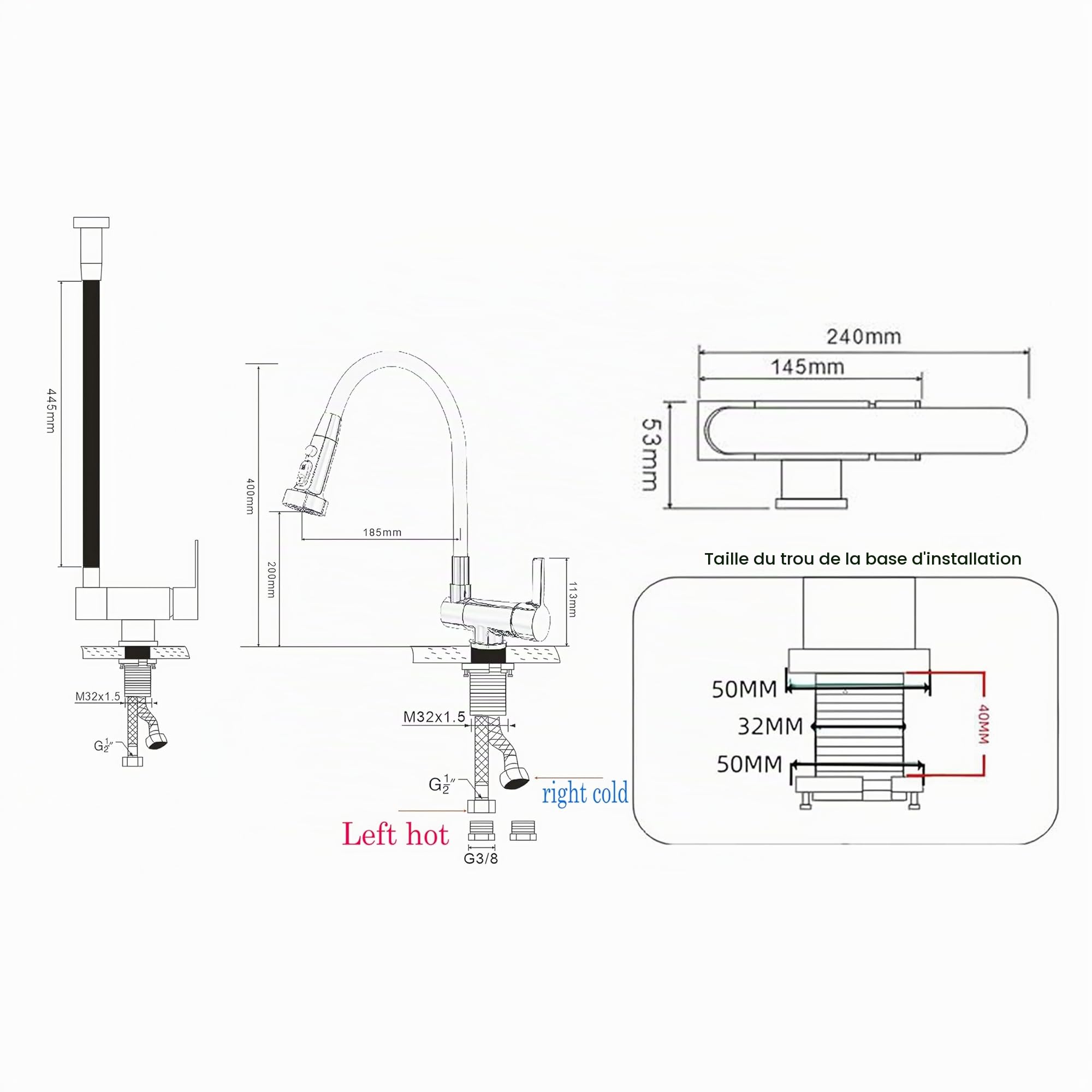 Robinet Cuisine Rabattable,mitigeur Cuisine Rabattable,3 Modes De Pulvérisation D'eau,Cuisine Sous Fenêtre Pliable Bec Orientable 360° Mitigeur Evier En Laiton (noir)