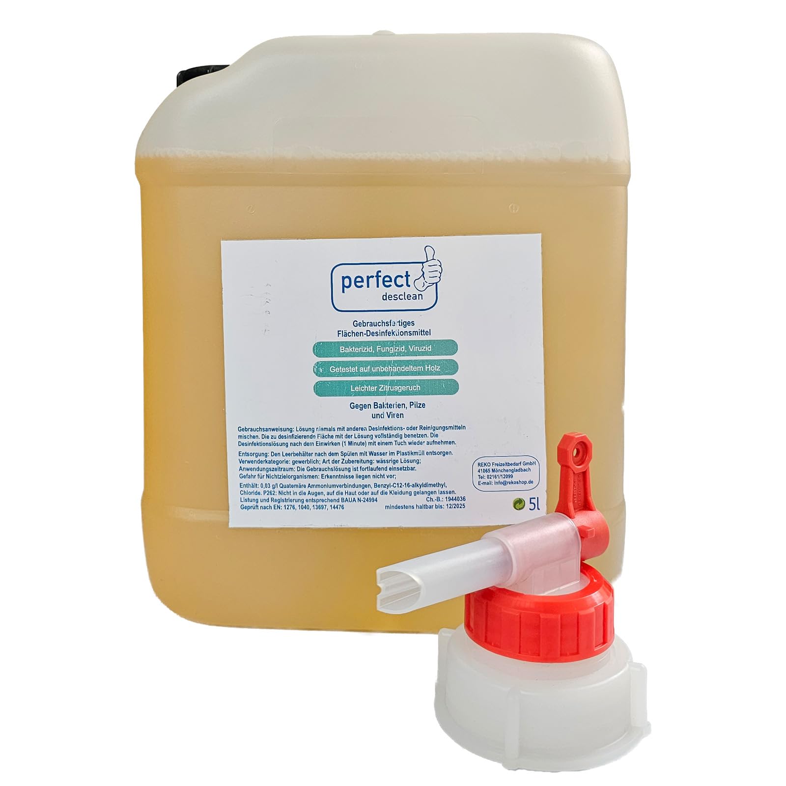 Reko Freizeitbedarf Perfect desclean Sauna gebrauchsfertiges Desinfektionsmittel 5 Liter mit praktischem Auslaufhahn für die Sauna, Flächendesinfektion, Saunareiniger