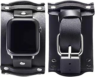 NIGHTCRUZ Compatible with Leather Apple Watch Band - Wide Leather Bracelet Vintage for Apple Watch Series 7/6/5 (Black) (42mm/44mm)
