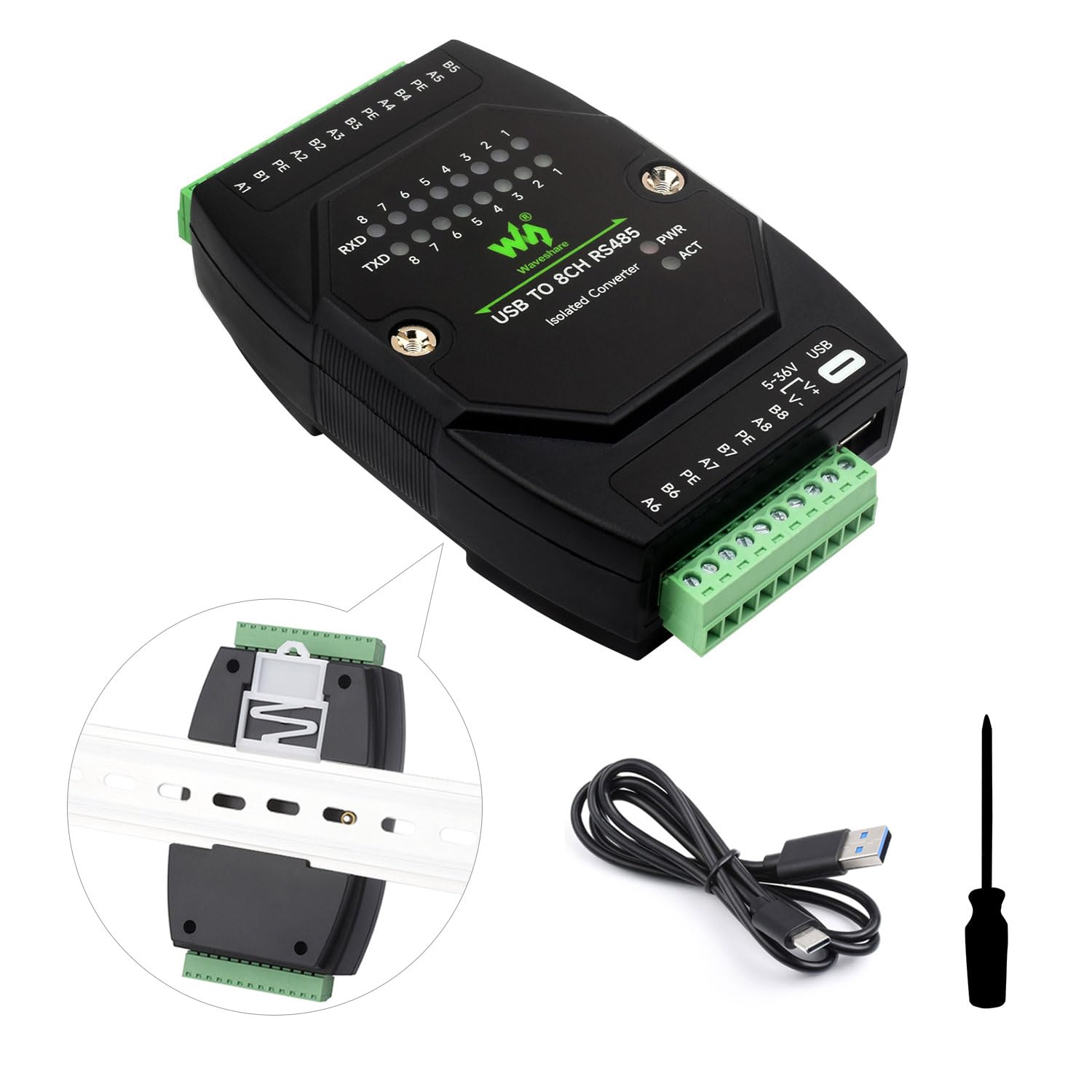 Waveshare USB to 8CH RS485 Industrial Grade Isolated Converter, USB to RS485 Adapter, Multiple Protection Circuits, Wall-Mount and Rail-Mount Support, Multi-OS Compatible