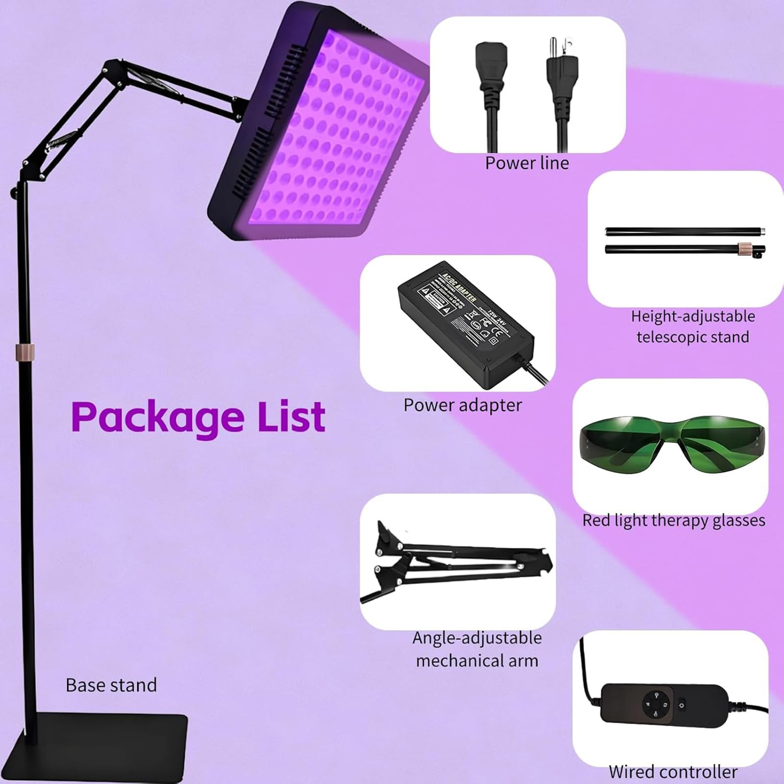 Lampa do opalania, 100 diod LED, długość fali 395 Nm, głowica obracana o 360° i regulowany kątowy stojak, 5 poziomów jasności i regulacja czasu, urządzenie samoopalające do twarzy i ciała