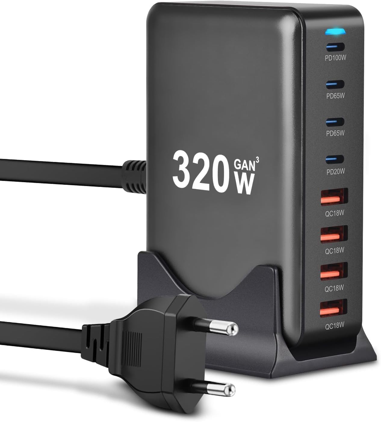 Szybka ładowarka USB, 320 W USB C, wielokrotna, 8-portowa stacja ładująca USB z GAN III i PD 3.0, stacja szybkiego ładowania z 4 USB C i 4 USB A do telefonu, tabletu i laptopa