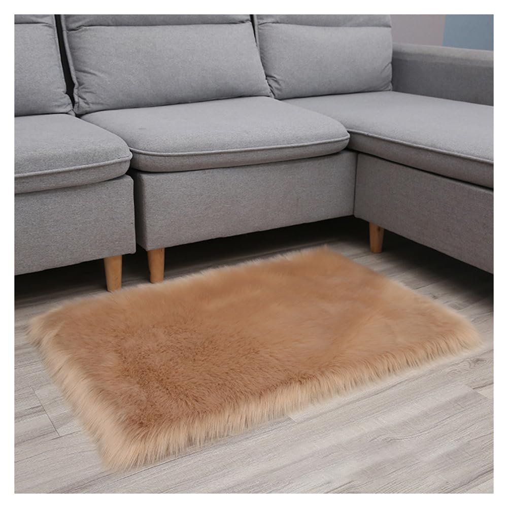 Tapis carré kaki 90x90 cm en fourrure synthétique lavable et antidérapant