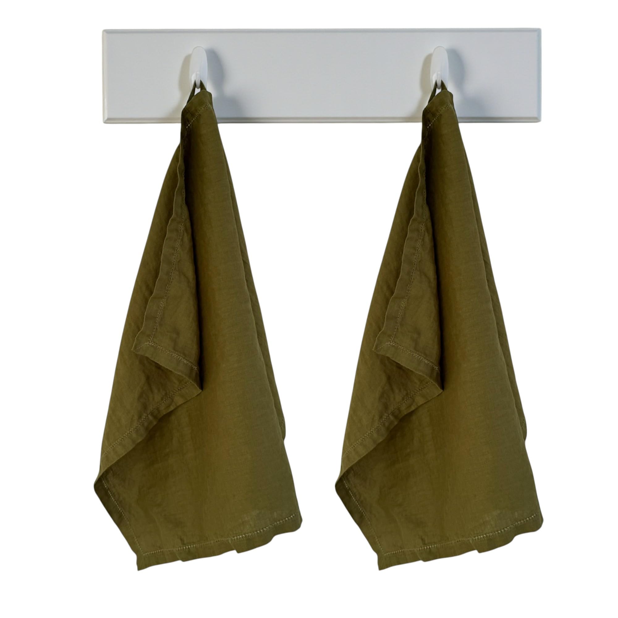 Eight Owls Linen Kitchen Towels – 50 cm x 68 cm – 100% Pure Stonewashed Linen Hemstitch Dish/Hand Towel/Tea Towel - Set of 2 (Olive Green)