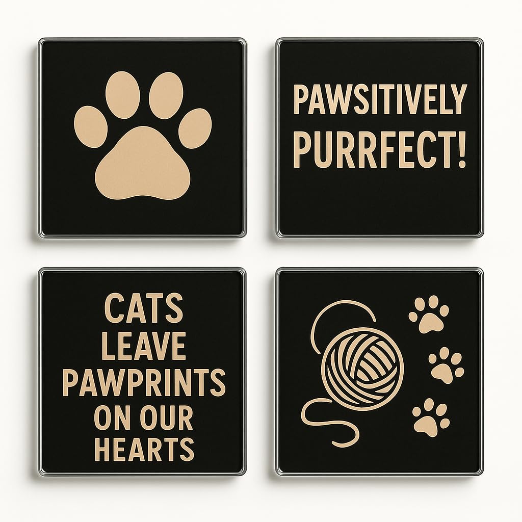 The Plum Penguin Pawtastic Whimsy Acrylic Coaster Gift Set Of 4 With Whimsical Cat-Themed Designs - Playful Home Decor For Cat Lovers & Pet Parents