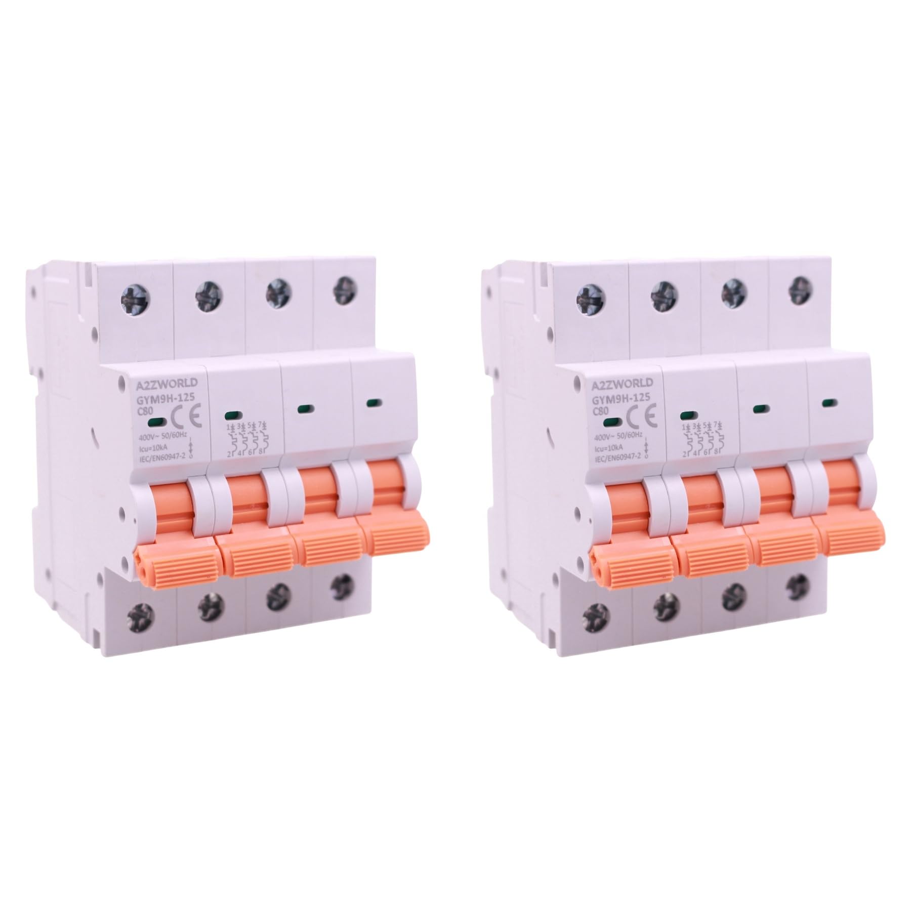2 interruptores magnetotérmicos trifásicos 4P 80A C80, curva C 10kA, 4 módulos DIN 380 V AC, certificado IEC60898-1, serie GYM9H-125
