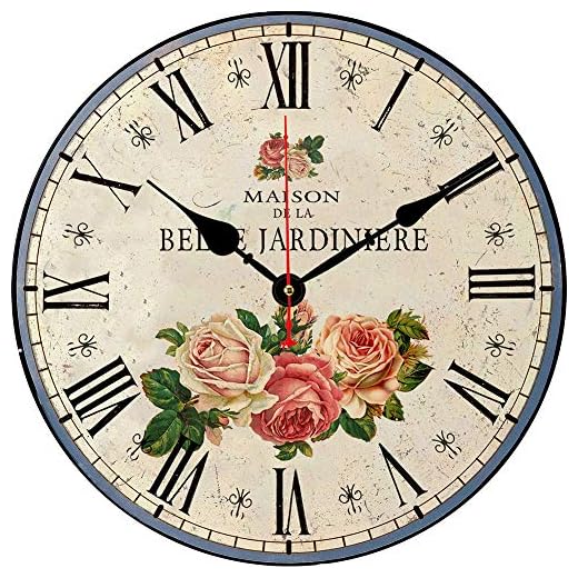 14 Inch Silent Non-Ticking Wall Clock Roman Numerals Retro Flowers Clocks Wooden Round Battery Operated Indoor Decorative Wall Clocks Rustic Style Home Decor Wall Clock …