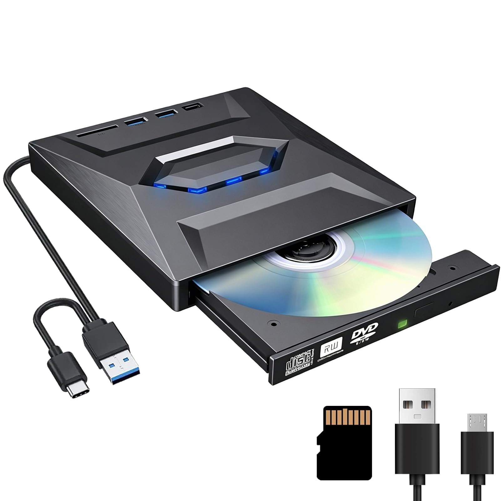 Lector CD Externo y Lector DVD Externo USB 3.0 USB C, Grabadora DVD Externa Portátil con Lector SD TF y 3 Puertos USB, Reproductor DVD para PC Laptop Mac Windows Linux
