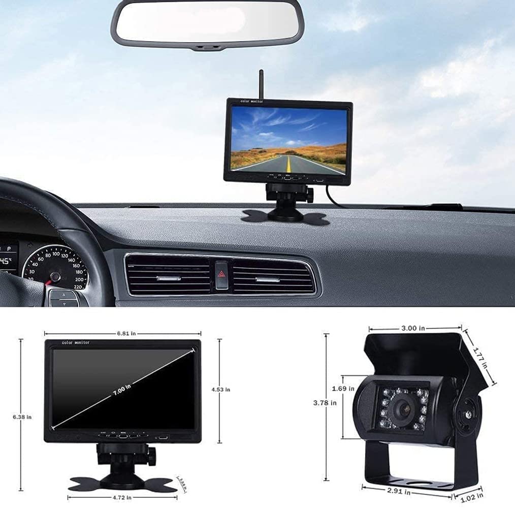 Cámara Trasera de Coche de señal HD, Monitor de 7" y Camara de Marcha Atras Impermeable Visión Nocturna, 170 ° Ajuste Gran Angular para RV Bus Remolque Camión Furgoneta