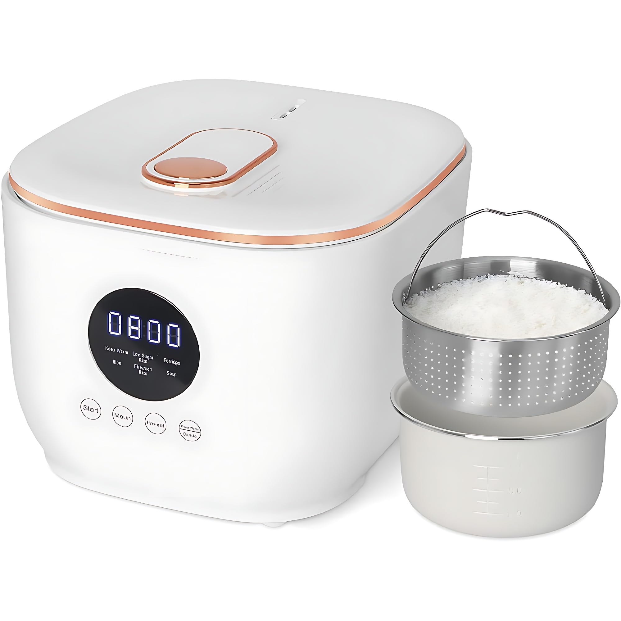 Cuociriso a basso contenuto di zuccheri 3L e Cuociriso a basso contenuto di zuccheri - Multi-cucina 5 in 1 con cestello per la cottura a vapore, timer 24H e 8H per il mantenimento in caldo, pentola