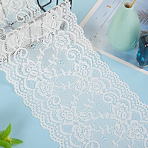 Nastro decorativo in pizzo elasticizzato da 5 yards, bordatura in pizzo, per artigianato, lingerie, abito da sposa, 15 cm di larghezza (bianco)