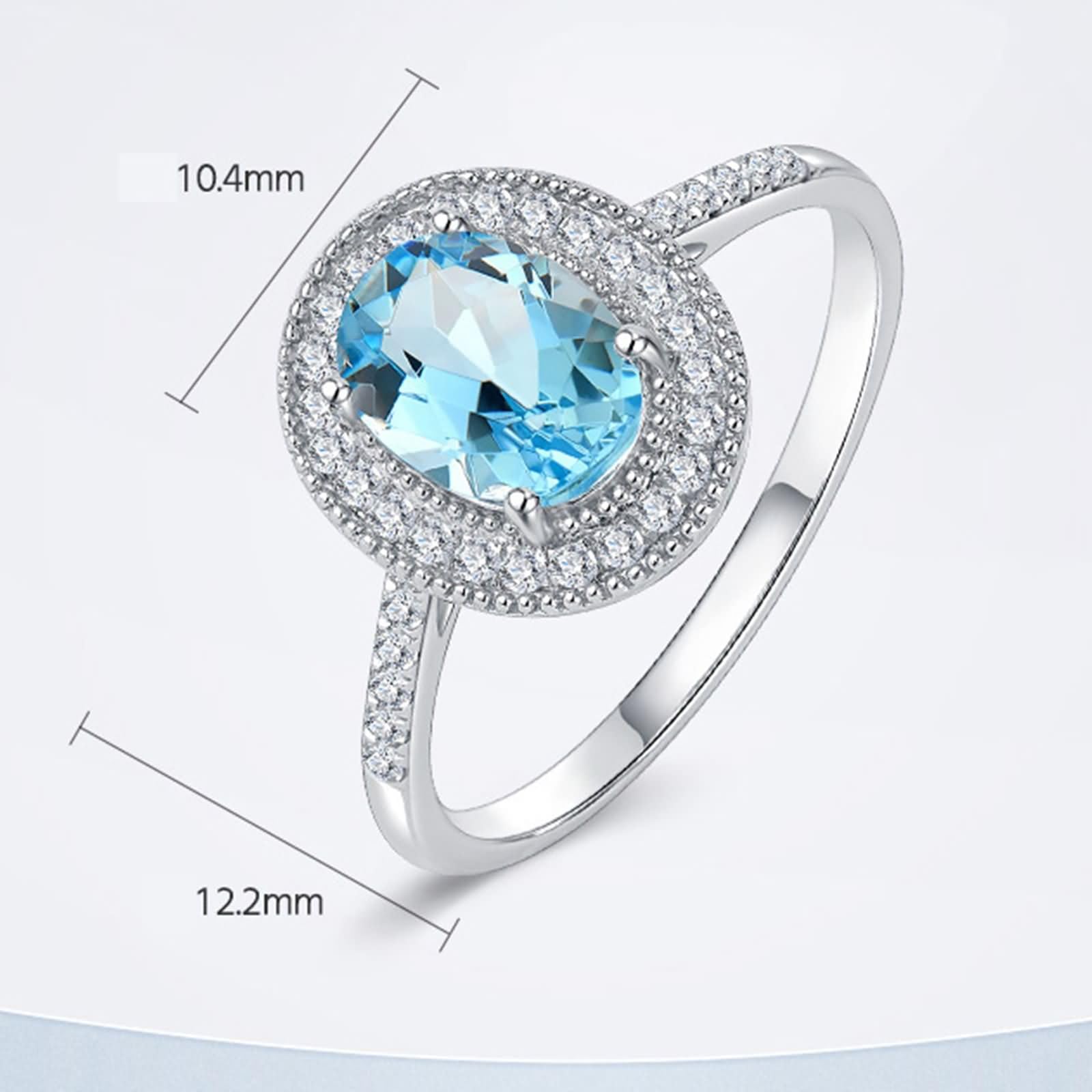 Anillos Mujer de Oro Blanco 9 Kilates / 14 Kilates / 18 Kilates Boda, 4 Garras Oval con Aguamarina de 1,1 ct y Diamante de 0,2 ct, Anillos Alianzas Mujer Plata Azul