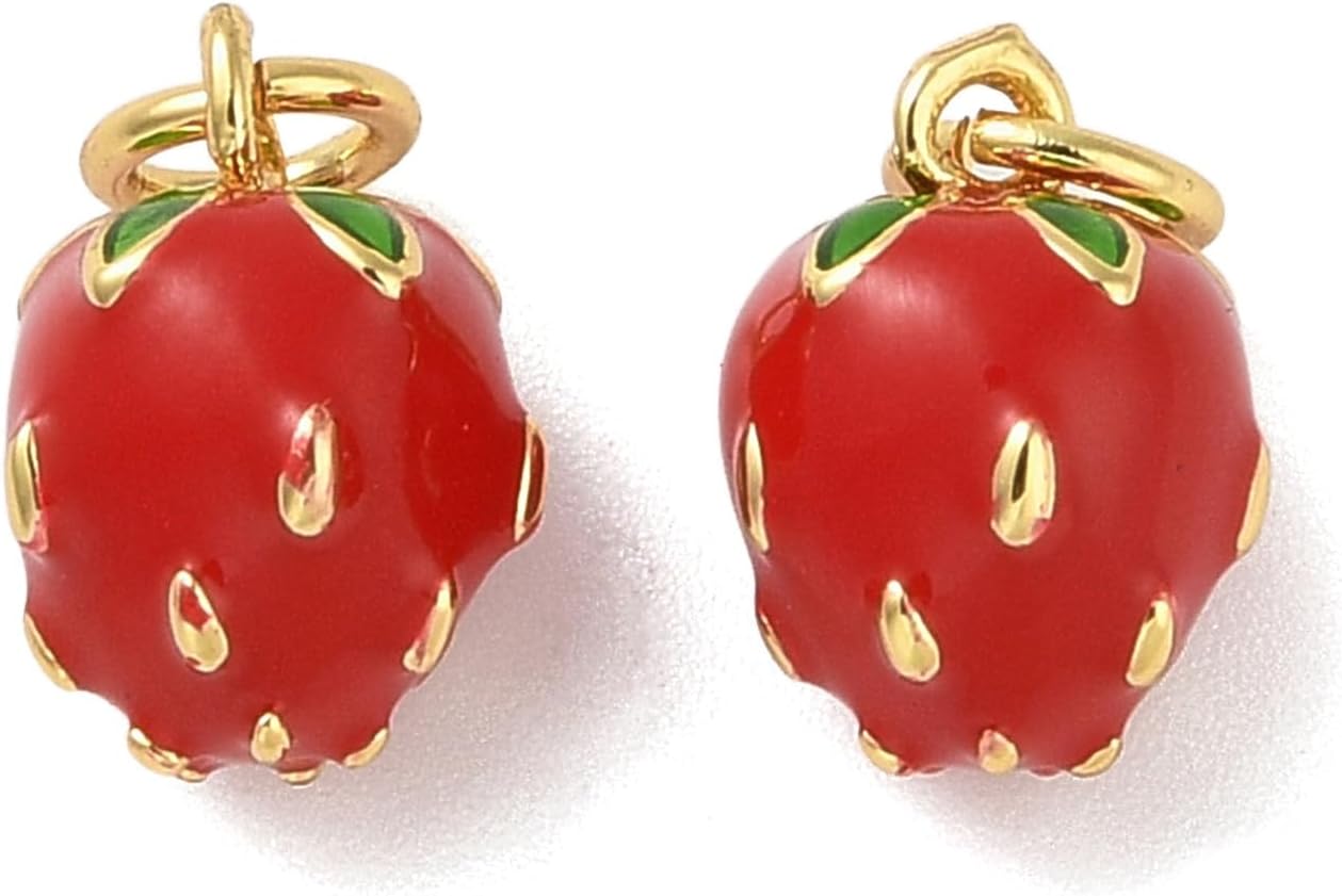 LiQunSweet 10 pcs Red Strawberry Brass Enamel Charms Sweet Imitation Fruit Charms for DIY Jewelry Bracelet Necklace Earring Crafts Bag Keychain Decor