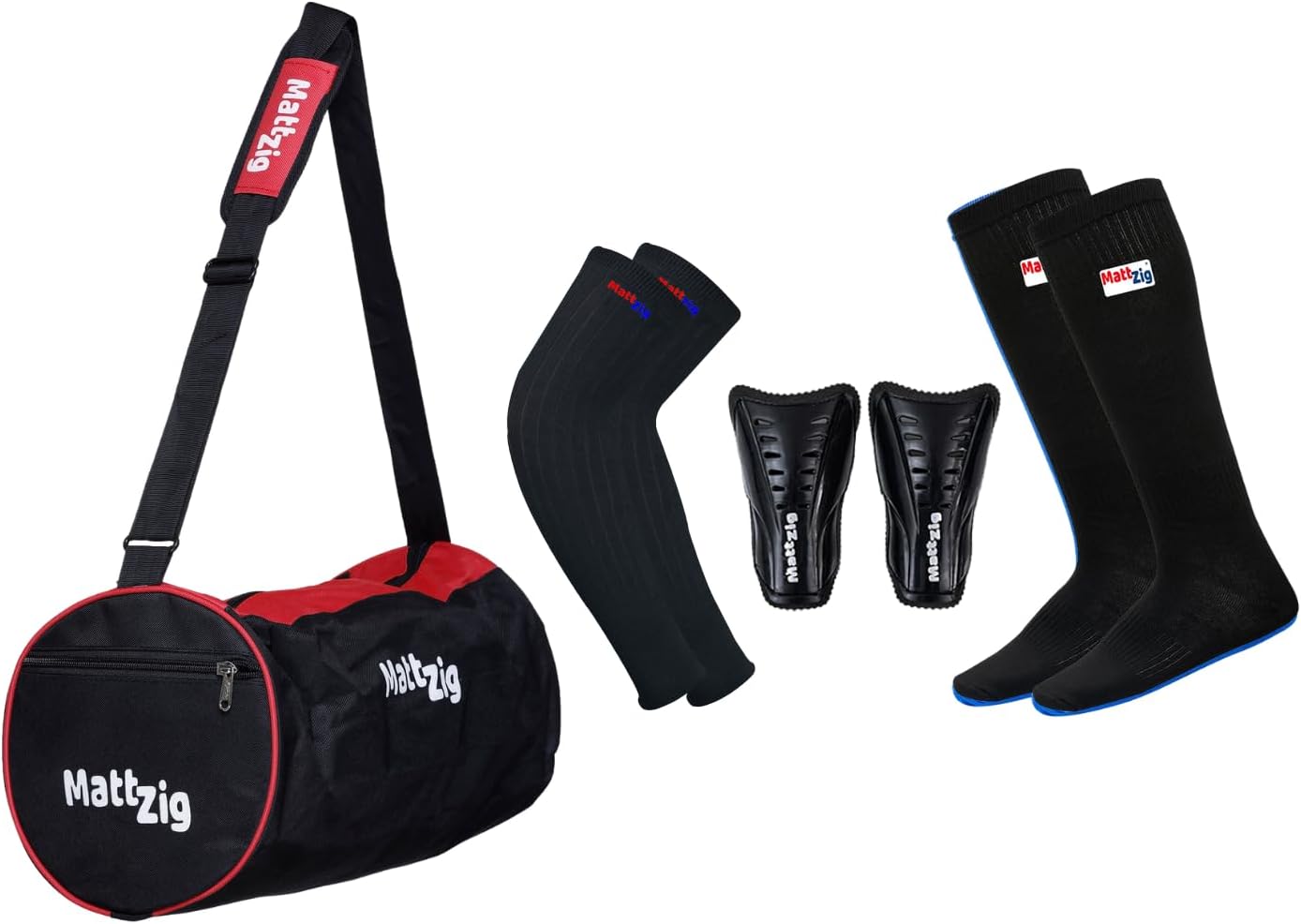 Club Football Kit (One Pair of Knee Length Lycra Cotton Socks + One Pair of Shin Guard + One Pair of Cotton Arm Sleeves + One Kit Bag) (Black/Red)