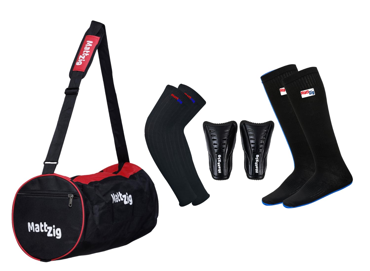 Club Football Kit (One Pair of Knee Length Lycra Cotton Socks + One Pair of Shin Guard + One Pair of Cotton Arm Sleeves + One Kit Bag) (Black/Red)